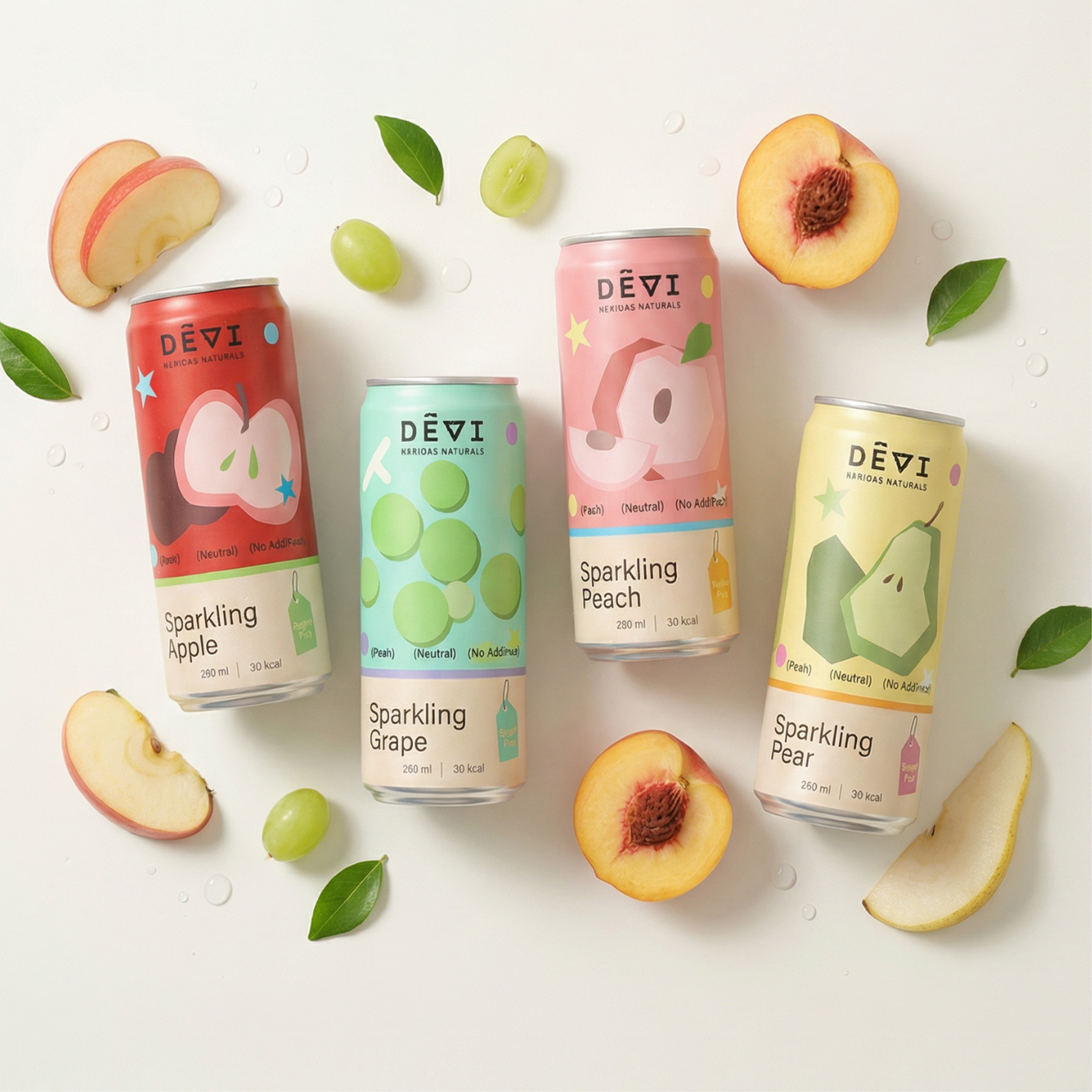 Top-down composition of the full DEVI can package family with fruit and leaves